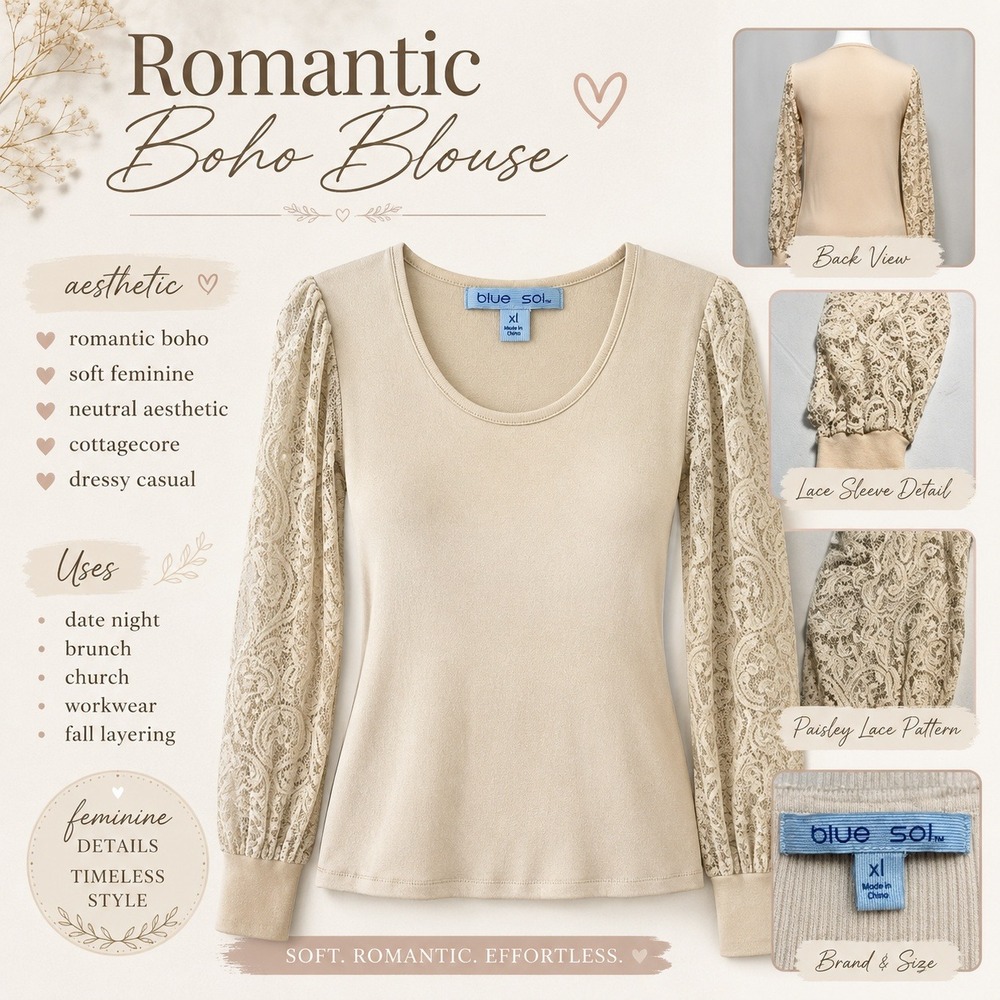 Top Beige Cream Womens XL Paisley Lace Long Sleeve Romantic Boho Feminine Dressy
